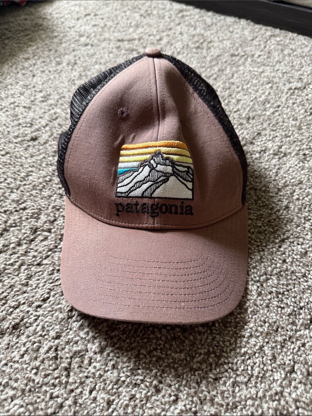 Patagonia Brown Trucker Hat with Multicolor Mountain Patch